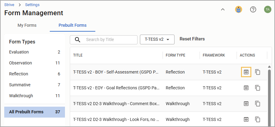 Overview of prebuilt forms in the Form Management section with the Preview icon highlighted.